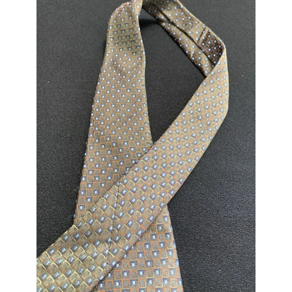 Vtg Y2K Pronto Uomo Handmade Silk Neck Tie Mens Textured Brown Blue Square Tech